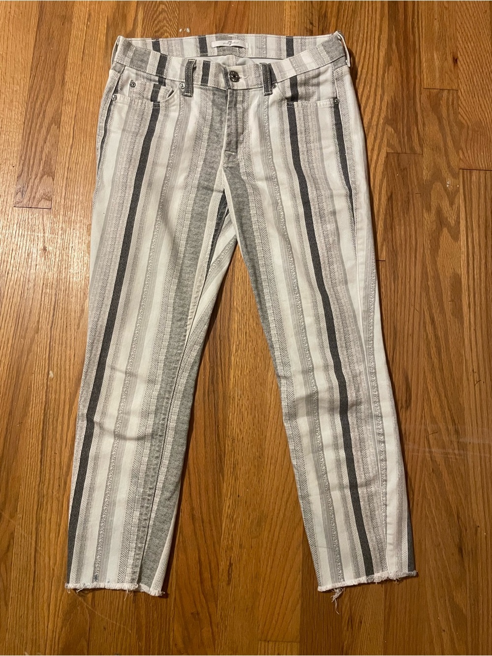 7 For All Mankind Striped Ankle Jeans in White and Gray